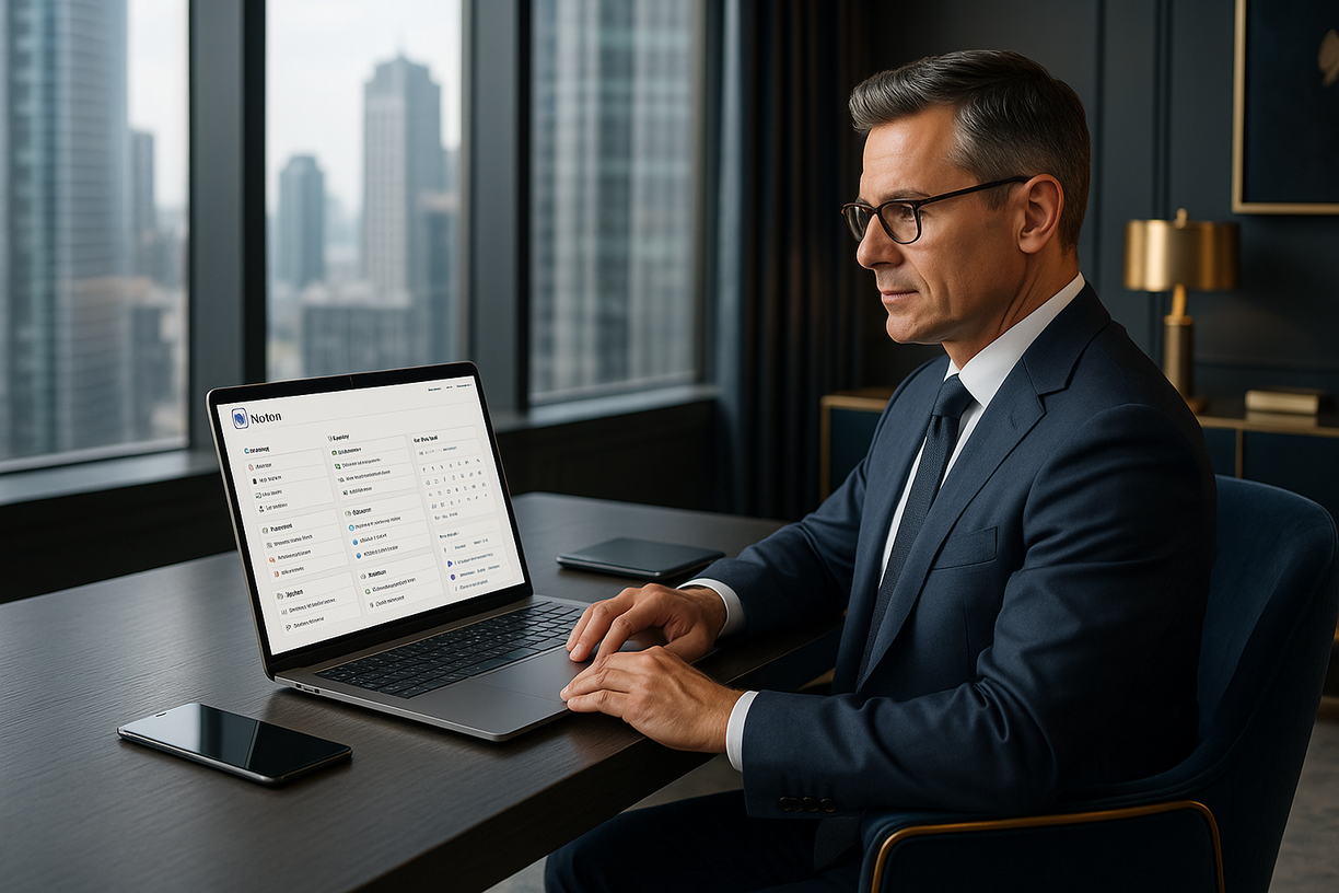 Professional reviewing success planner on laptop